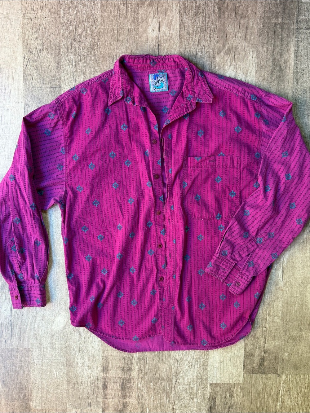 Vintage 90s Magenta Purple Southwestern Diamond Print Button Down Shirt
